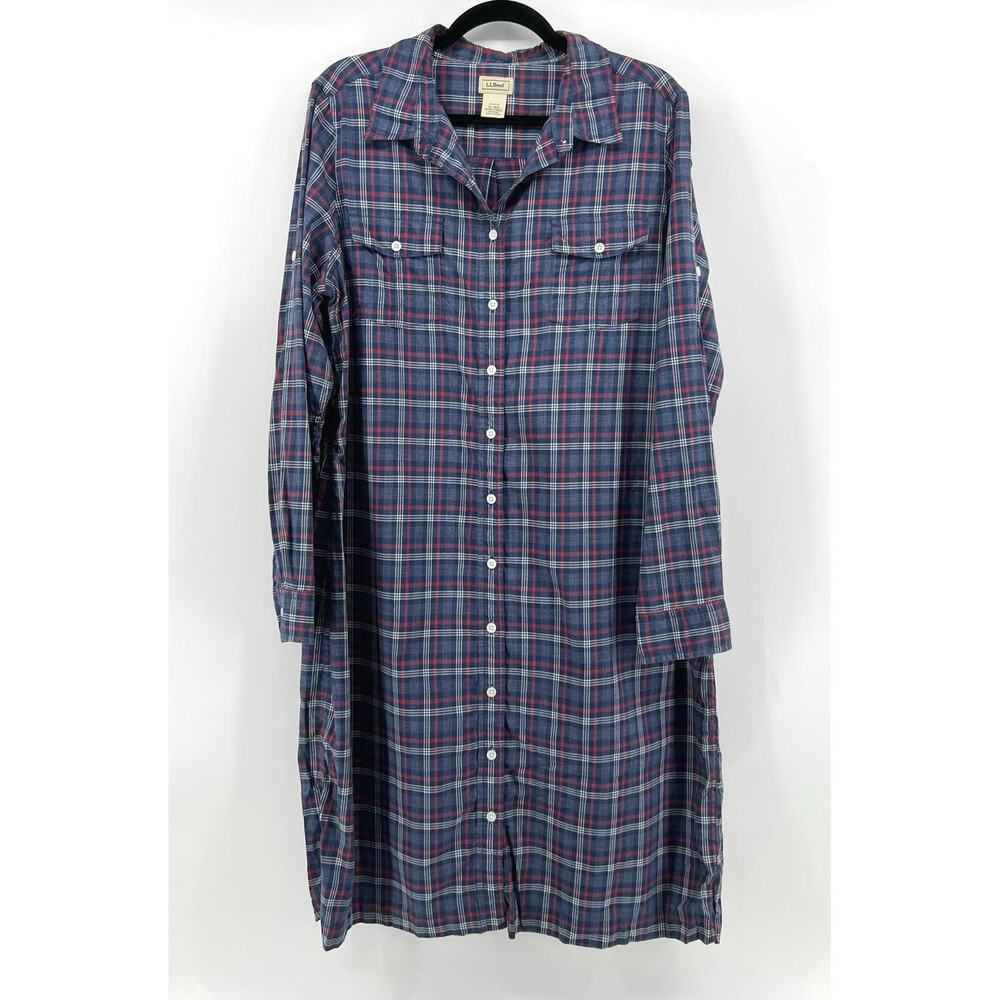 L.L.Bean | Plaid Cotton Shirt Dress Long Sleeve Button Front Size XL